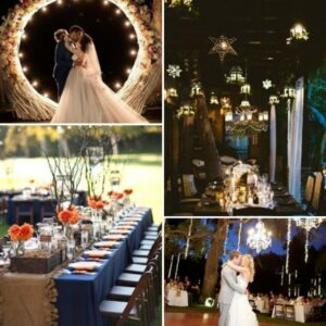 top left image of bride and groom kissing in front of large wreath, bottom left image of wedding table decorated with blue tablecloth and orange flowers, top right image of table with star shaped lights above it, bottom right image of bride & groom dancing under tree decorated in lights